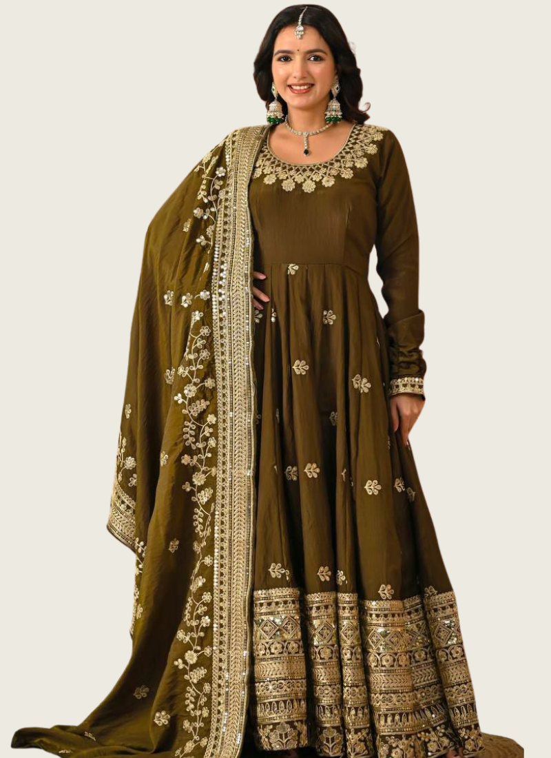 Vichitra Silk Anarkali Gown with Sequins Embroidery + Pant & Dupatta