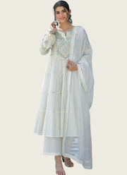 White Anarkali Gown in Flex Butti Cotton with Embroidery + Kota Dupatta 6