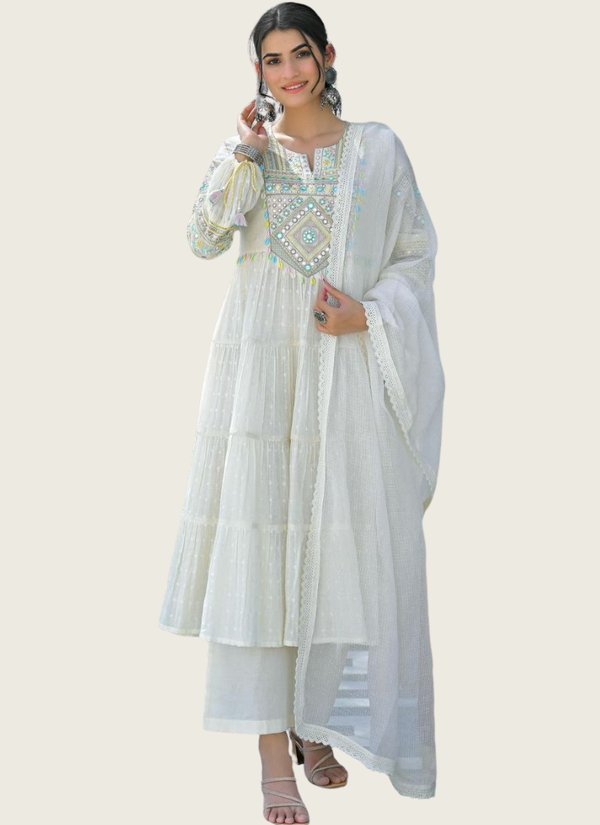 White Anarkali Gown in Flex Butti Cotton with Embroidery + Kota Dupatta