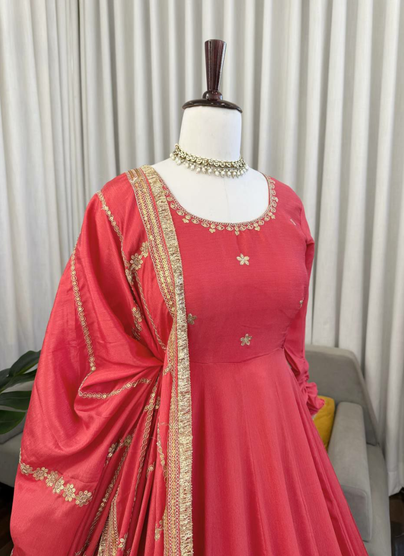 Anarkali Suit in Chinon Silk with Coding & Sequins Embroidery + Dupatta