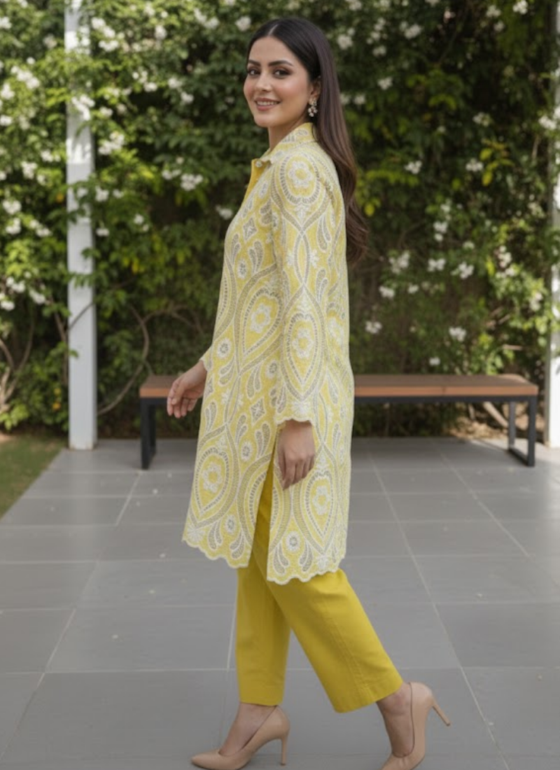 Yellow Silk Chikankari Co-Ord Set with Divider Bottom - View 7