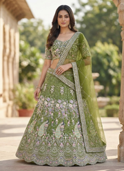 Mehendi Green Butterfly Net Lehenga Choli with Sequins & Coding Embroidery + Dupatta 3