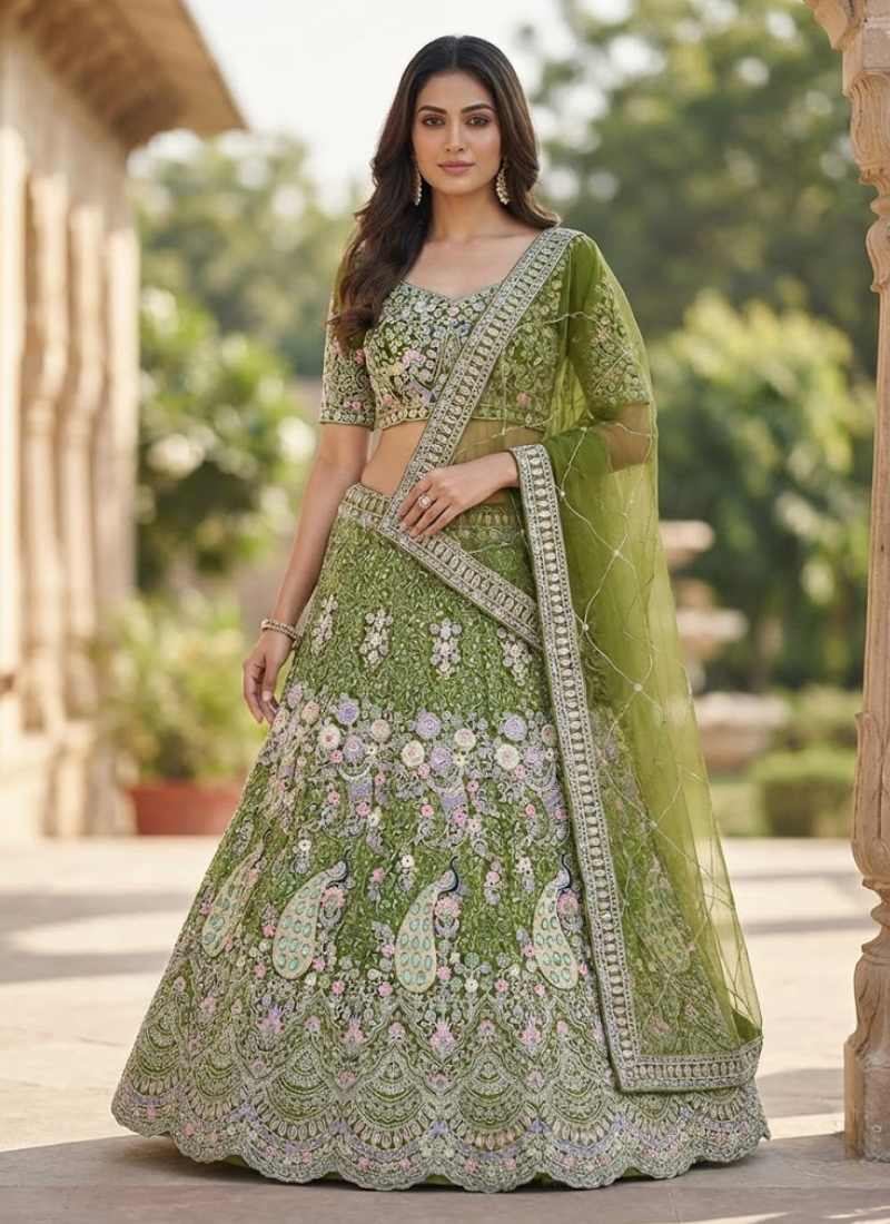 Mehendi Green Butterfly Net Lehenga Choli with Sequins & Coding Embroidery + Dupatta