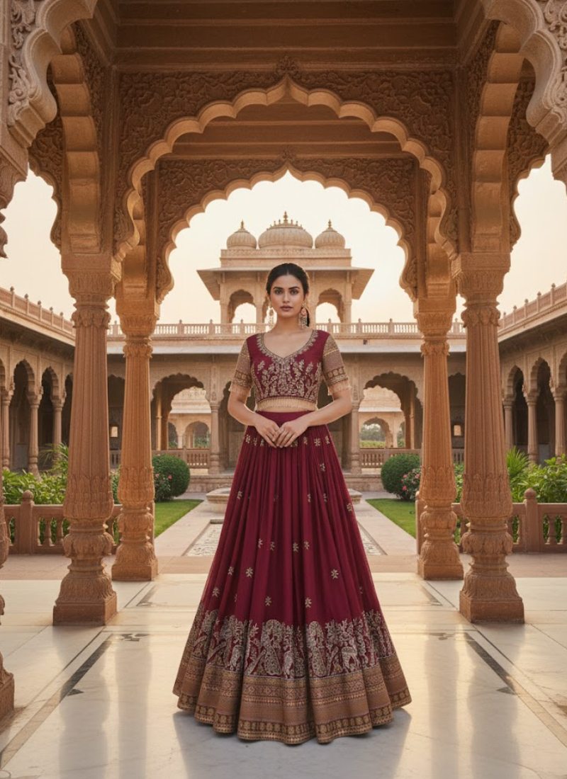 Pure Vichitra Embroidered Lehenga Choli Ensemble