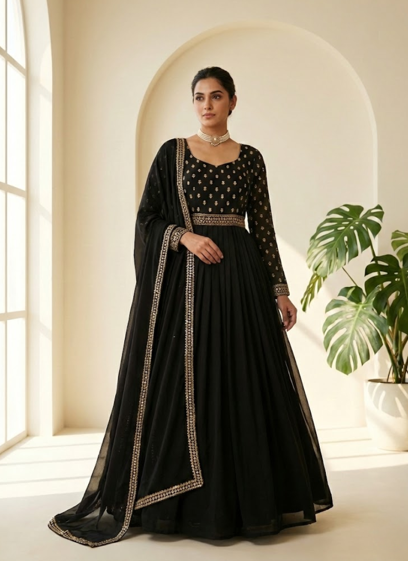 Black Anarkali Salwar Suit in Faux Georgette with Handwork & Diamond Lace Dupatta