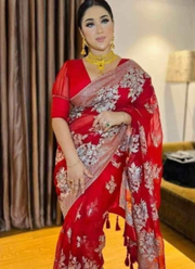 Red Maslin Saree with Golden & White Thread Work 8