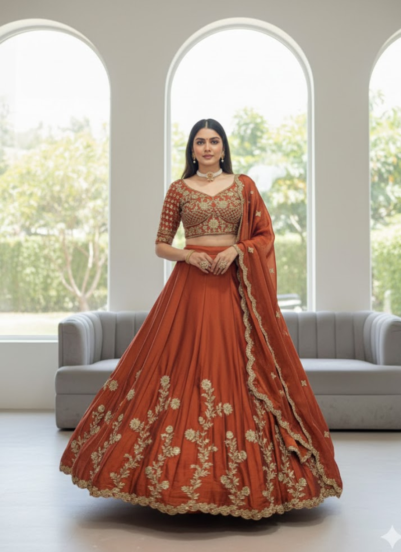 Premium Net Lehenga with Sequins Embroidery & Dupatta – Semi Stitched