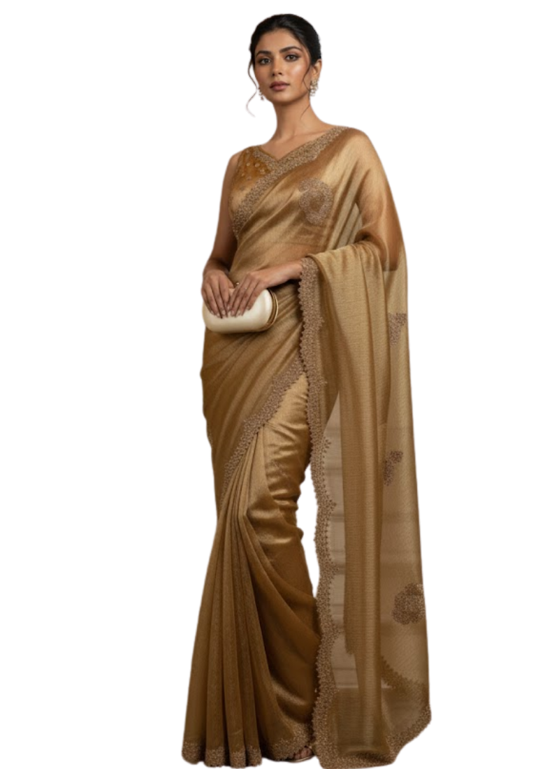 Pink Copper Silk Saree – Jarkhan Diamond Work with Matching Blouse