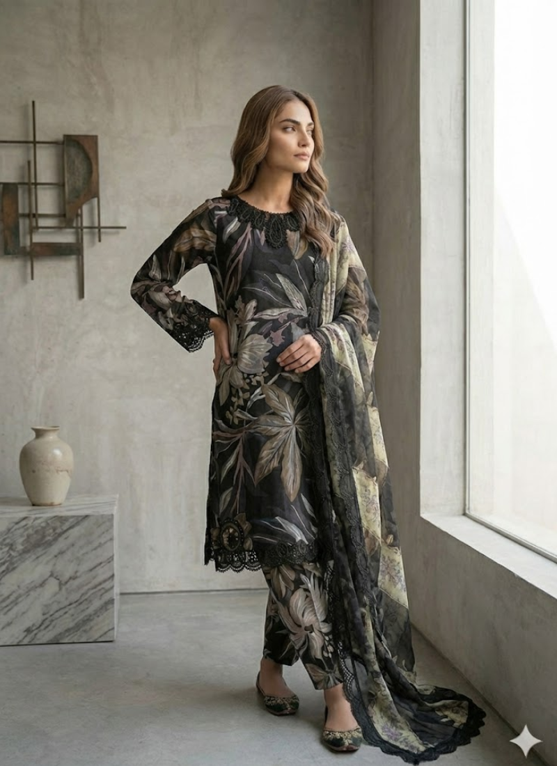 Pakistani Lawn Cotton Salwar Kameez with Chiffon Dupatta