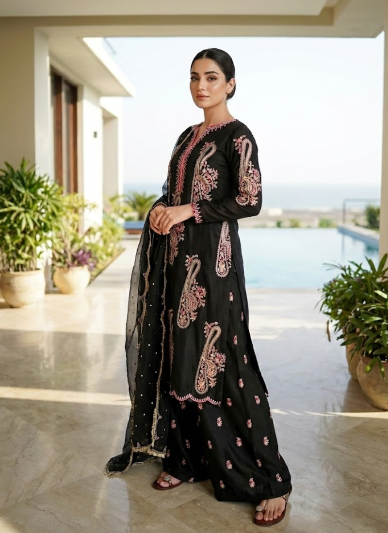 Heavy Chinon Palazzo Suit with Sequins Embroidery + Dupatta