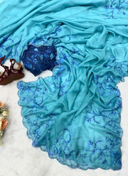 Aqua Blue Silk Saree with Floral Print, Beads & Katdana Handwork + Blouse Piece 3