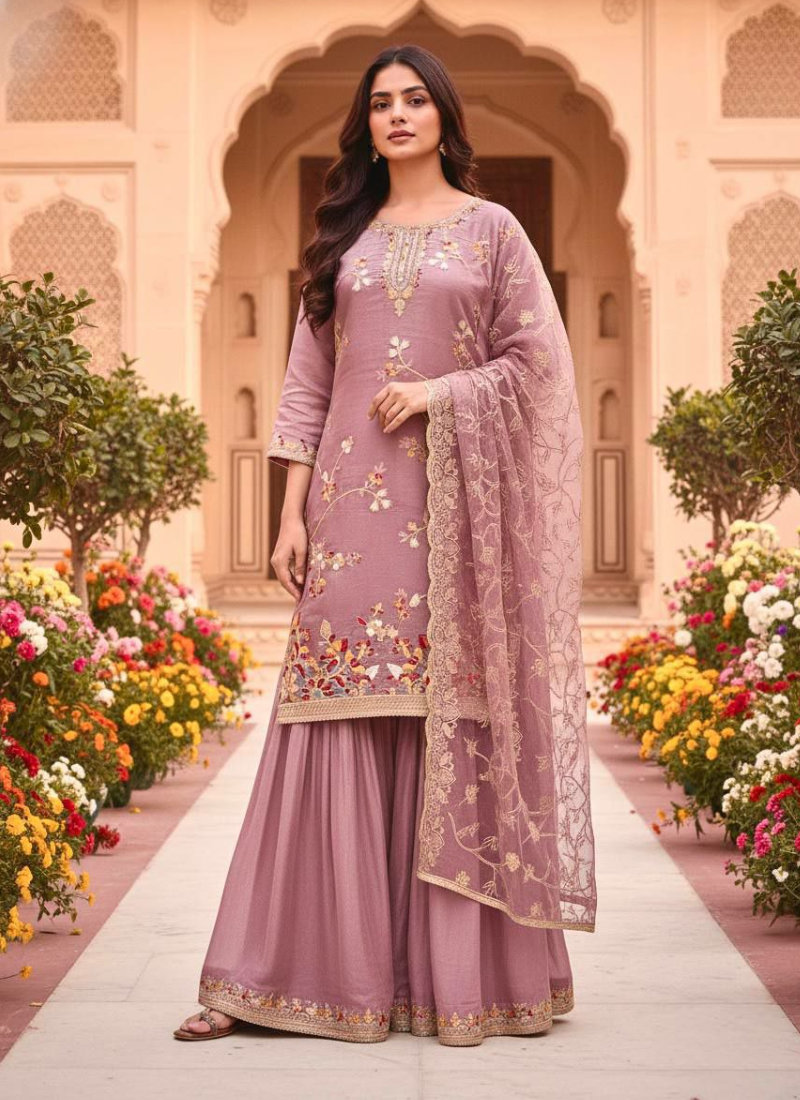 GMY Silk Sharara Suit with Sequins & Dori Embroidery + Dupatta