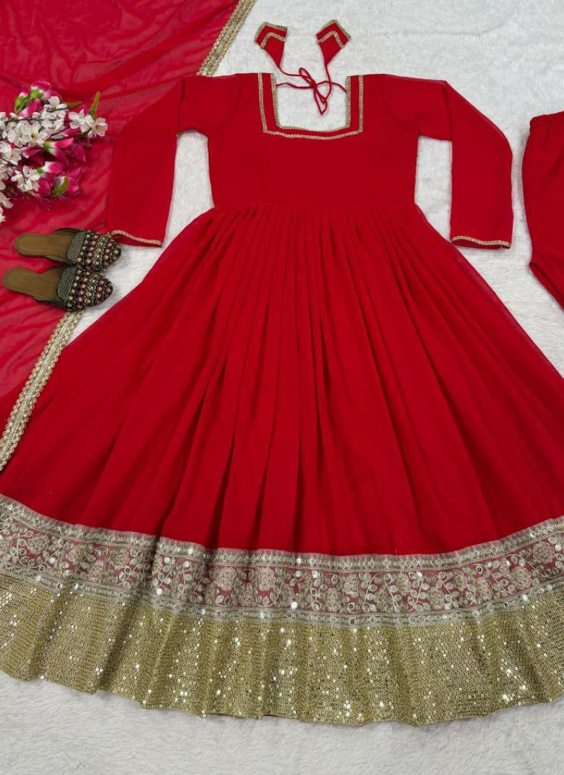 Red Anarkali Gown in Heavy Faux Blooming with Plazzo & Dupatta
