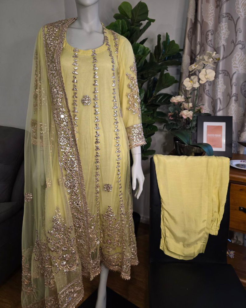 Yellow Net Pakistani Anarkali Dress – Gota Patti Hand Work