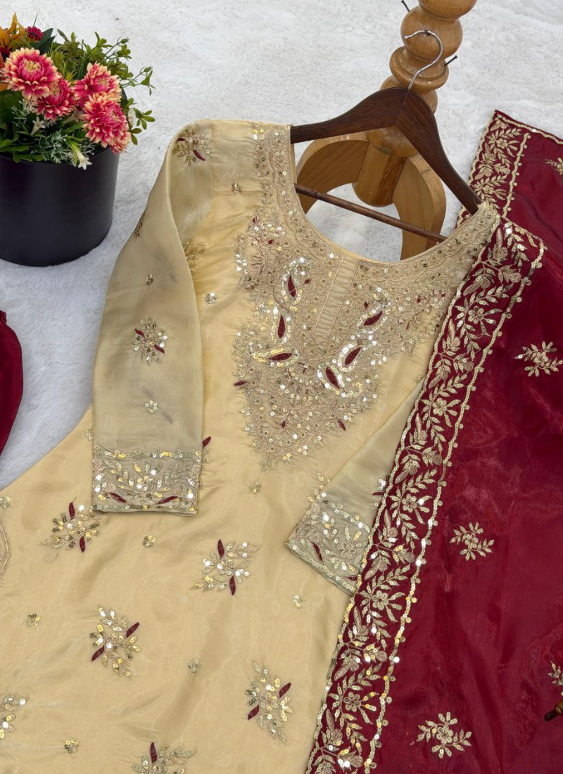 GMY Silk Palazzo Suit with Heavy Sequins Embroidery + Dupatta
