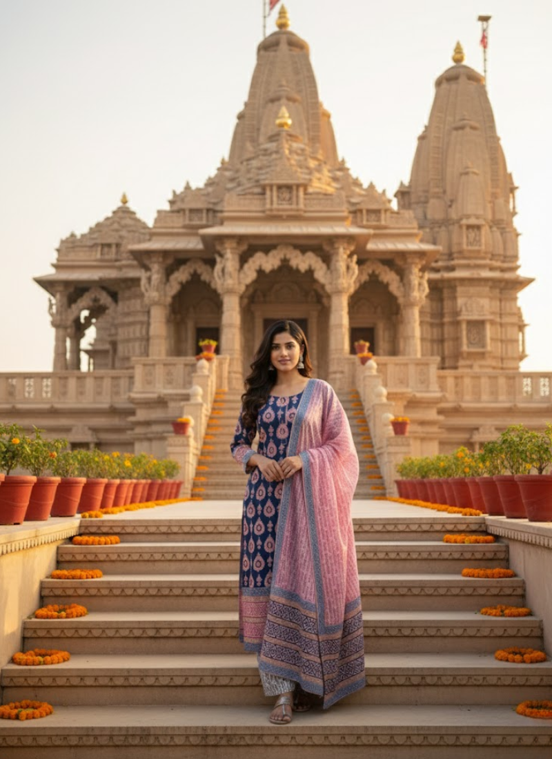 Cotton Block Printed Salwar Suit – Royal Blue & Pink