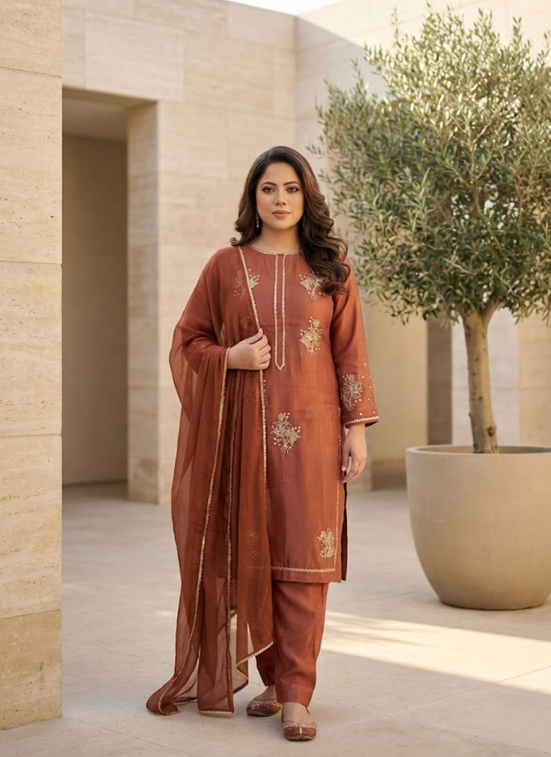 Rust silk salwar kameez with zari and sequence handwork, Kota net dupatta, and sleeve detailing.
