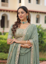 Faux Georgette Lehenga Choli with Sequins & Zari Embroidery + Lace Dupatta 2