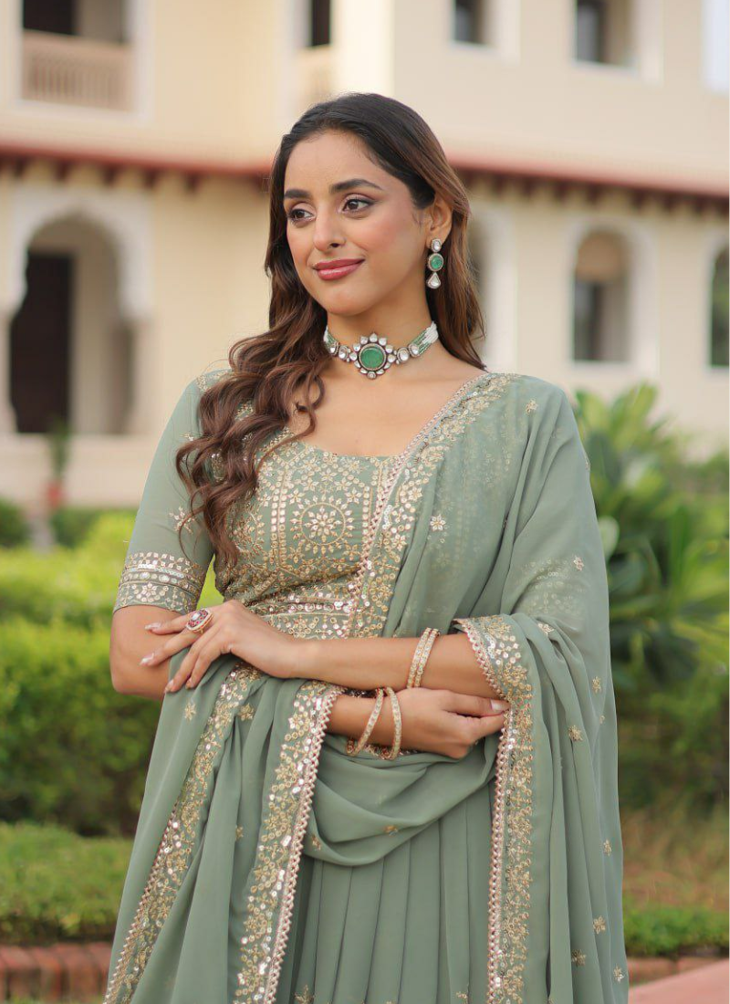 Faux Georgette Lehenga Choli with Sequins & Zari Embroidery + Lace Dupatta