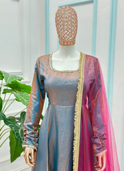 Designer Sindoor Silk Anarkali Gown Set – Mirror Lace with Dupatta & Bottom 8