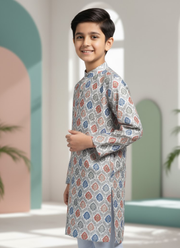 Multicolor Kurta with White Cotton Pyjama – Kids Ethnic Set 2
