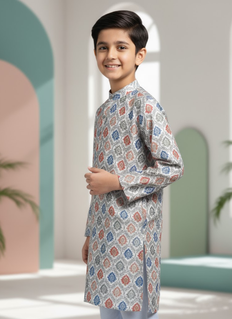Multicolor Kurta with White Cotton Pyjama – Kids Ethnic Set
