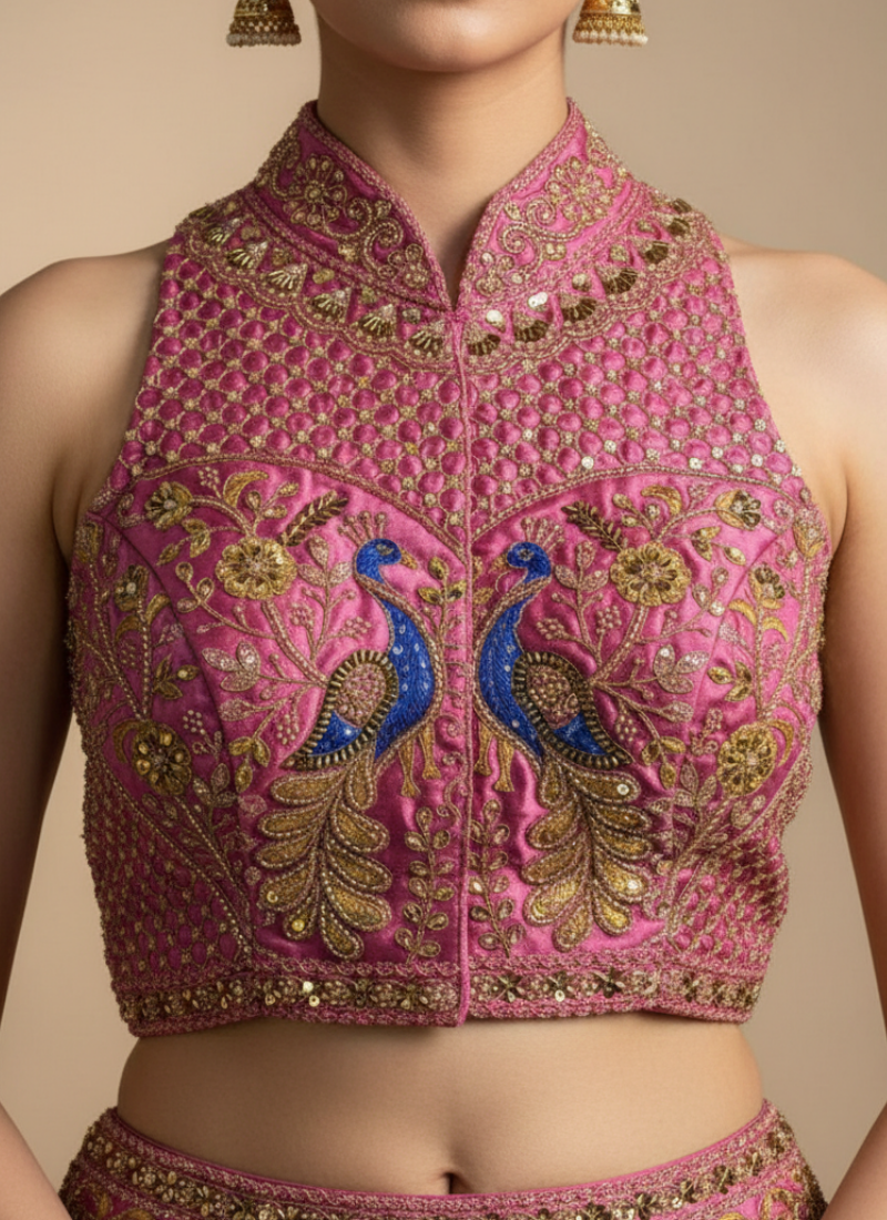 Peacock Silk Party Blouse with Hand Work