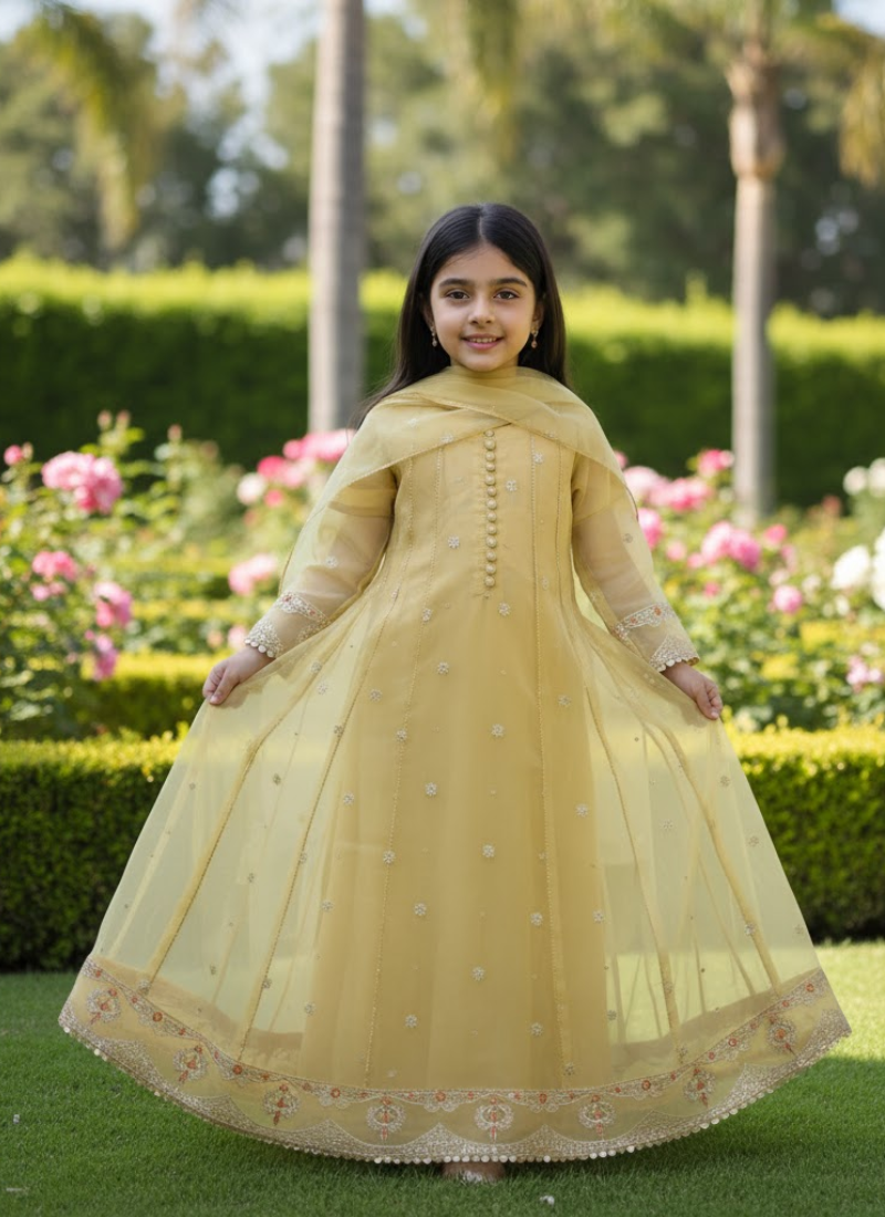 Beige Organza Kids Anarkali Dress – Elegant Ethnic Wear