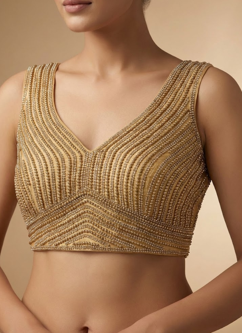 Statement sleeveless blouse in pure silk with heavy stitching, back open design, and cotton lining.