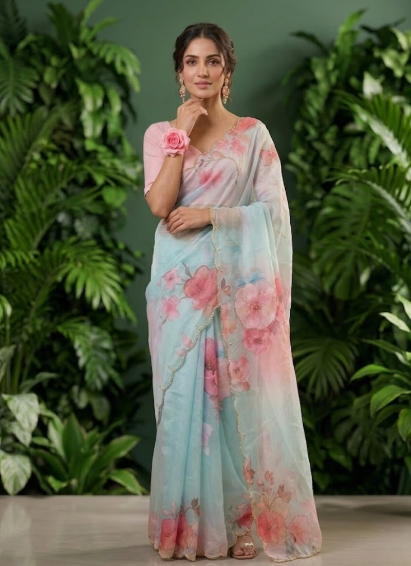 Pastel Maslin Saree with Pipe Sequins Hand Work