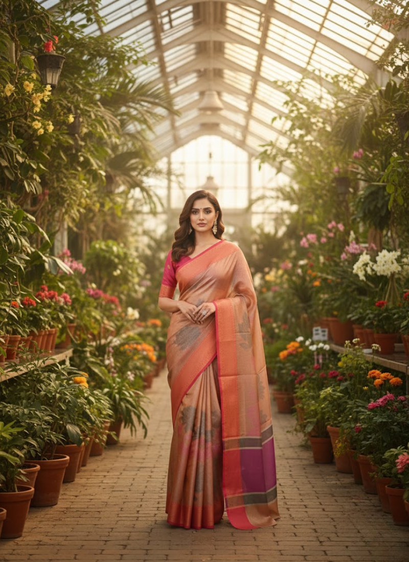 Banarasi Organza Tissue Saree – Rose Gold