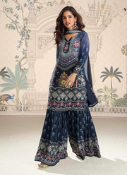 Deep Navy Blue Chinon Silk Sharara Suit with Mirror & Stone Work + Dupatta 5