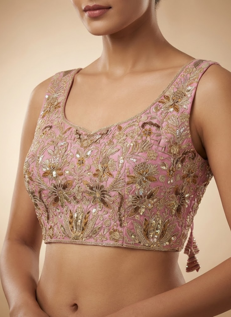 Luxury bridal blouse with velvet fabric, padded fit, cotton lining, and trendy sleeveless cut.