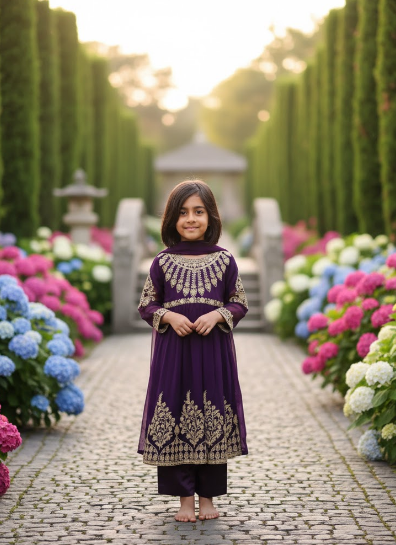 Royal Plum Chiffon Anarkali Dress for Kids – Elegant Festive Wear