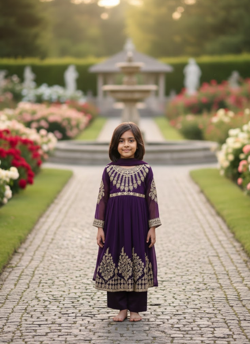 Royal Plum Chiffon Anarkali Dress for Kids – Elegant Festive Wear