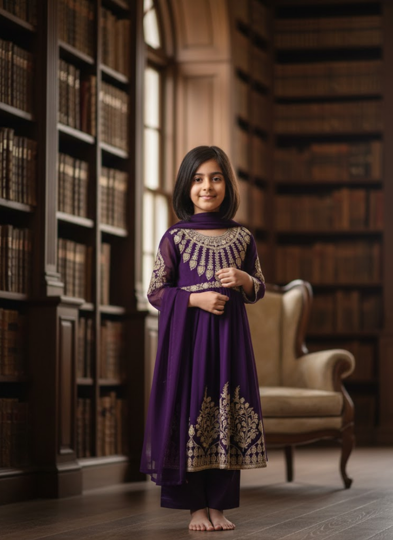 Royal Plum Chiffon Anarkali Dress for Kids – Elegant Festive Wear
