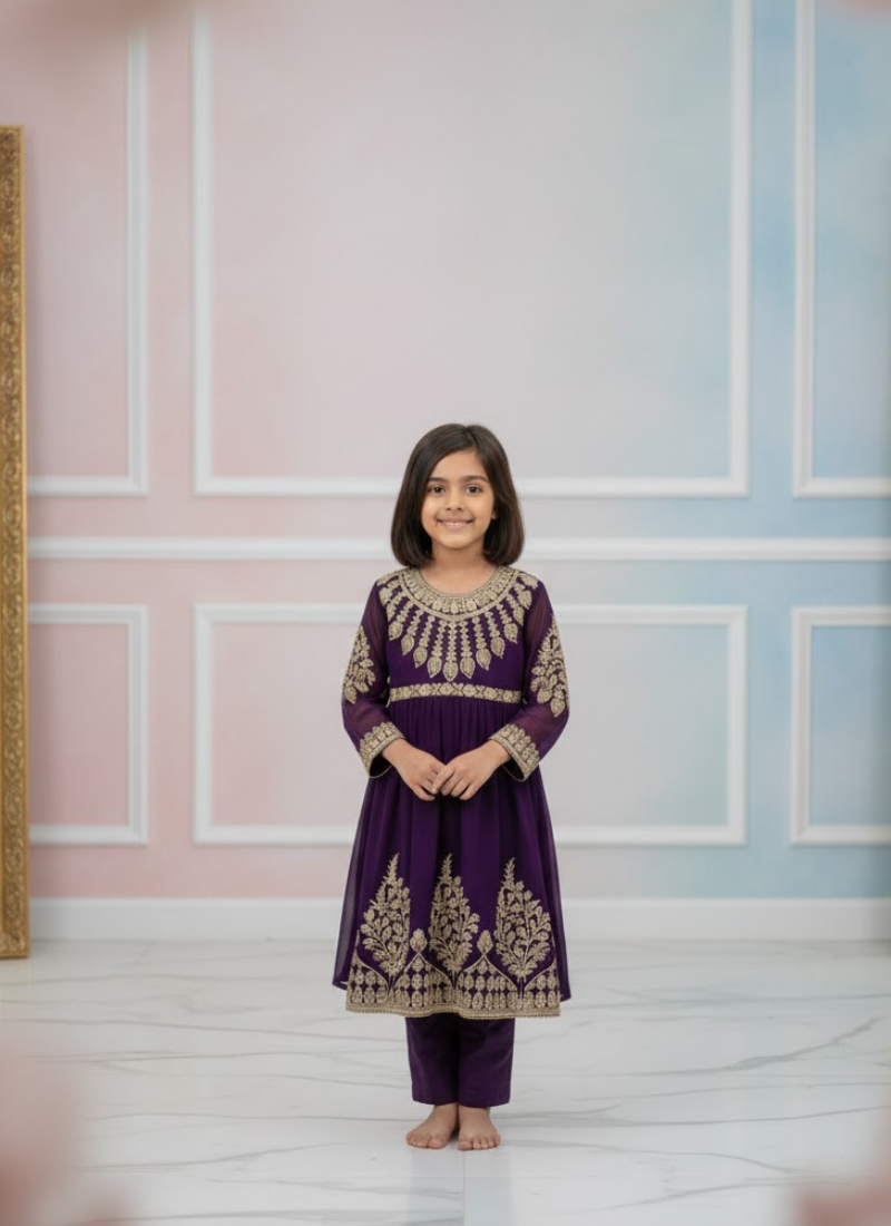 Royal Plum Chiffon Anarkali Dress for Kids – Elegant Festive Wear