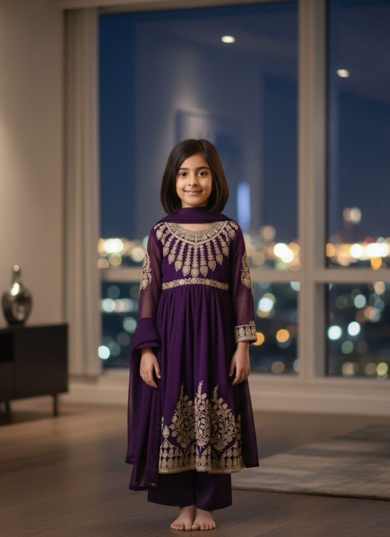 Royal Plum Chiffon Anarkali Dress for Kids – Elegant Festive Wear
