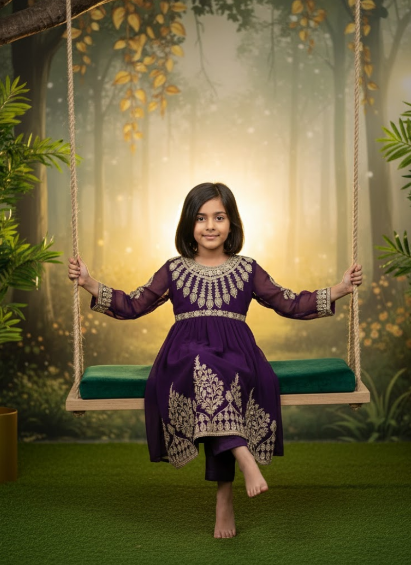 Royal Plum Chiffon Anarkali Dress for Kids – Elegant Festive Wear