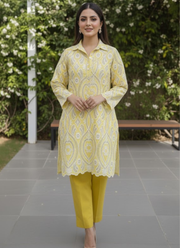 Yellow Silk Chikankari Co-Ord Set with Divider Bottom 9