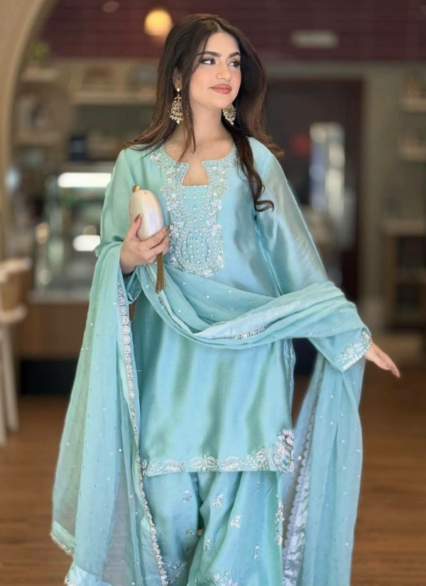 Roman Silk Palazzo Set with Organza Dupatta