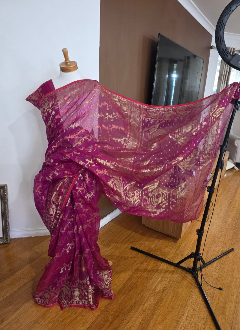 Dark Magenta Jamdani Saree with Mari Thread Work