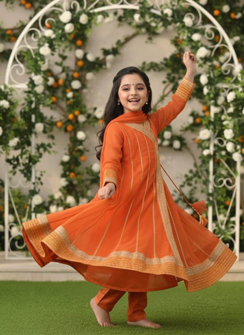 Orange Chiffon Kids Anarkali Dress – Angrakha Style