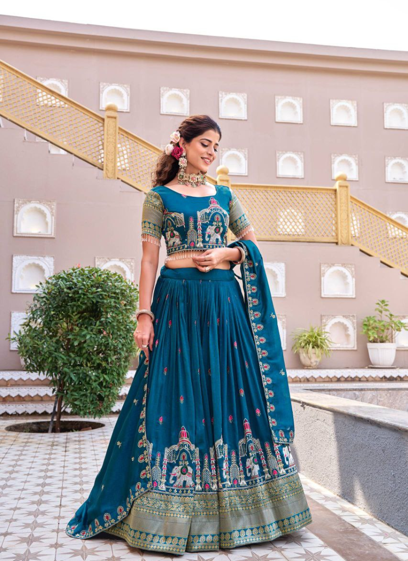 Pure Vichitra Embroidered Lehenga Choli Set