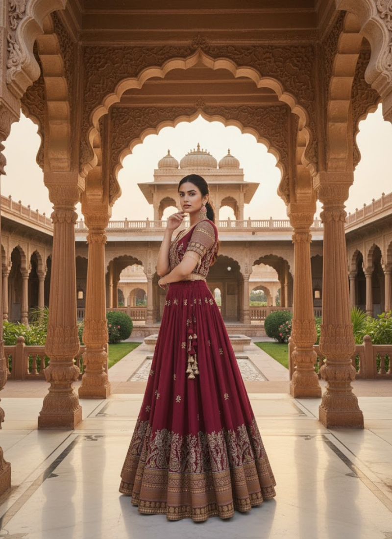 Pure Vichitra Embroidered Lehenga Choli Ensemble