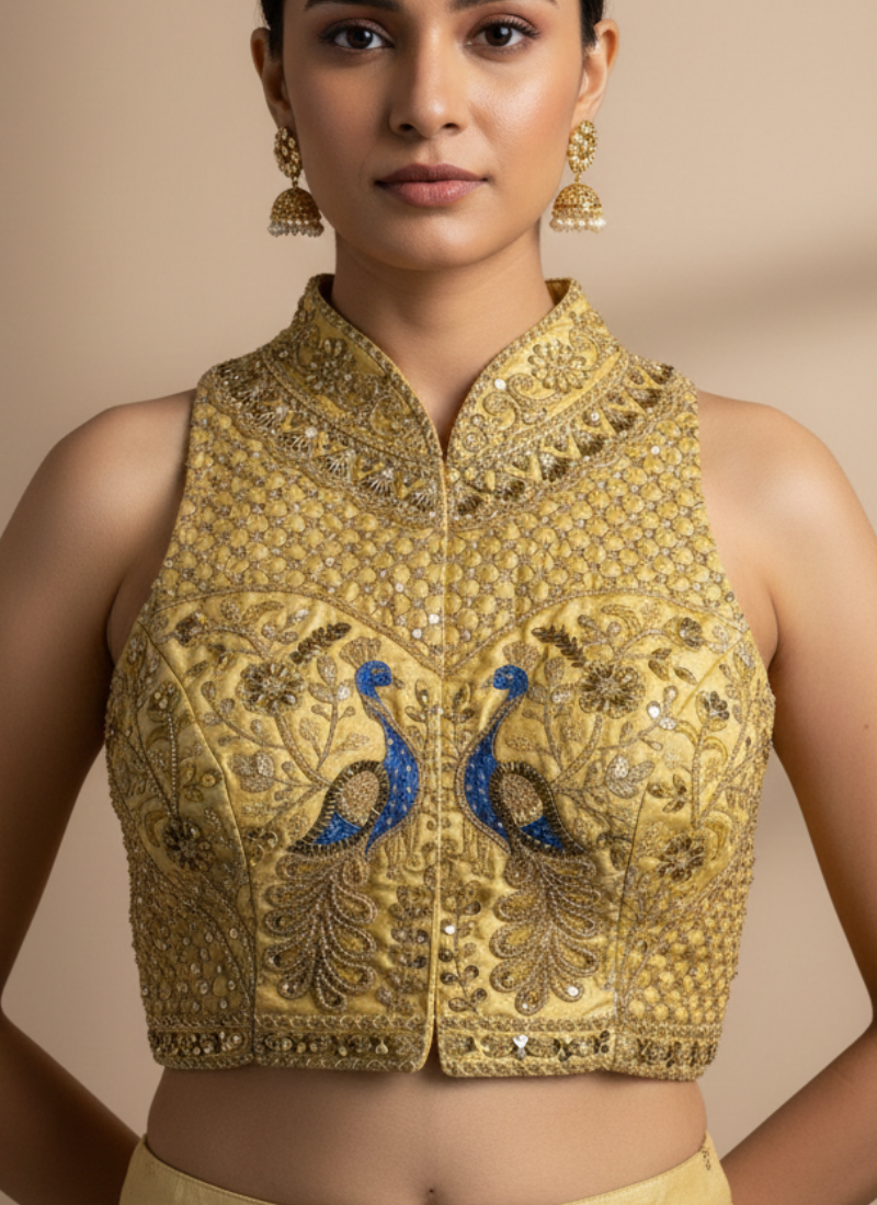 Peacock Silk Party Blouse with Hand Work