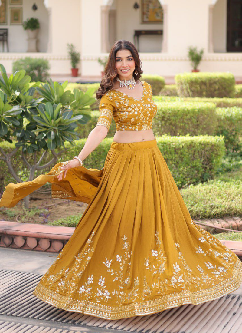Mustard Yellow Vichitra Silk Lehenga Choli with Heavy Sequins & Zari Embroidery + Dupatta