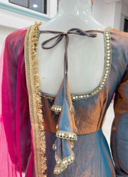 Designer Sindoor Silk Anarkali Gown Set – Mirror Lace with Dupatta & Bottom 9