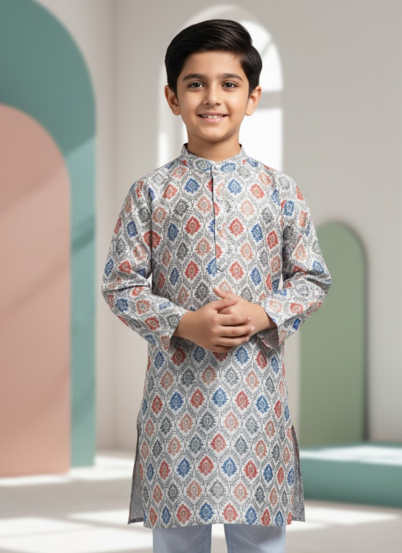 Multicolor Kurta with White Cotton Pyjama – Kids Ethnic Set