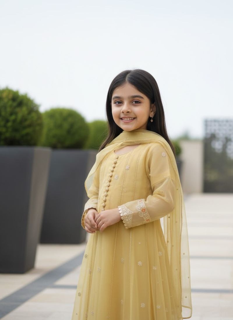 Beige Organza Kids Anarkali Dress – Elegant Ethnic Wear